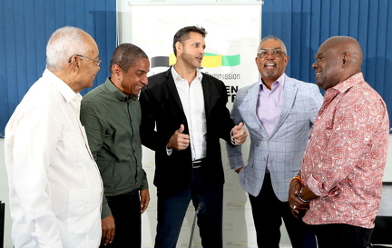 Press confrence l-r Noel daCosta (JDC), Delroy Williams (JLP), Brian Schmidt (JDC), Michael McMorr
